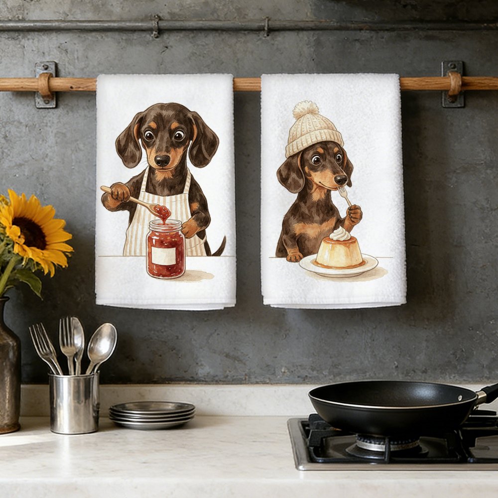 TEMU 2-pack Soft Absorbent Microfiber Tea Towels, Decorative Housewarming/birthday Gift For Mom, , Or Neighbors, Fun Dachshund Chef Kitchen Towel,