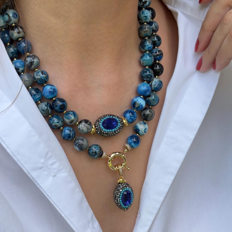 TEMU Bohemian Vintage Blue Stone Pattern Natural Stone Necklace - Golden-tone Copper Alloy Round Beads With Oval Pendant, Everyday & Vacation Jewelry For Women