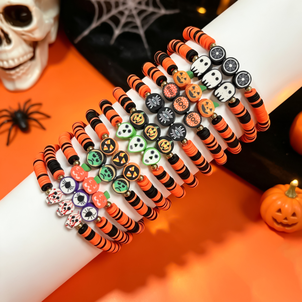 12pcs Vintage Halloween Soft Clay Bracelet Set, Fun Gift