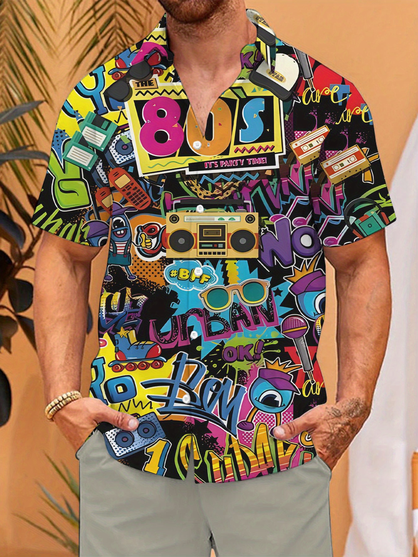 men's casual graphic print shirt vibrant 80s retro design Temu