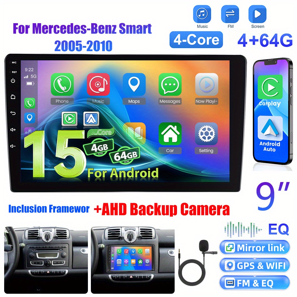 [4+64g] 15 Car Stereo For Mercedes-benz Smart 2005-2010, 9 Inch 1280p Ips Touch Screen Radio Auto Car Radio Ai Dsp/ Fm/ Rds/ 32eq Gps Wifi Swc+mic, Ahd Backup Cam