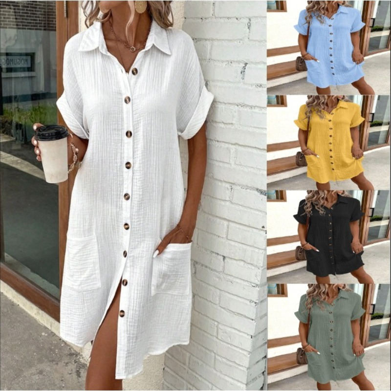

Chic Summer Shirt Dress - Short Sleeve, V-neck, Mid-length With Button Detail, Comfortable Polyester , In Multiple Colors