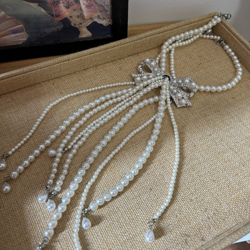 TEMU Light Luxury Temperament Artificial Glass Beaded Bow Tassel Fashion Y-shaped Necklace For Bridal Banquet Jewelry