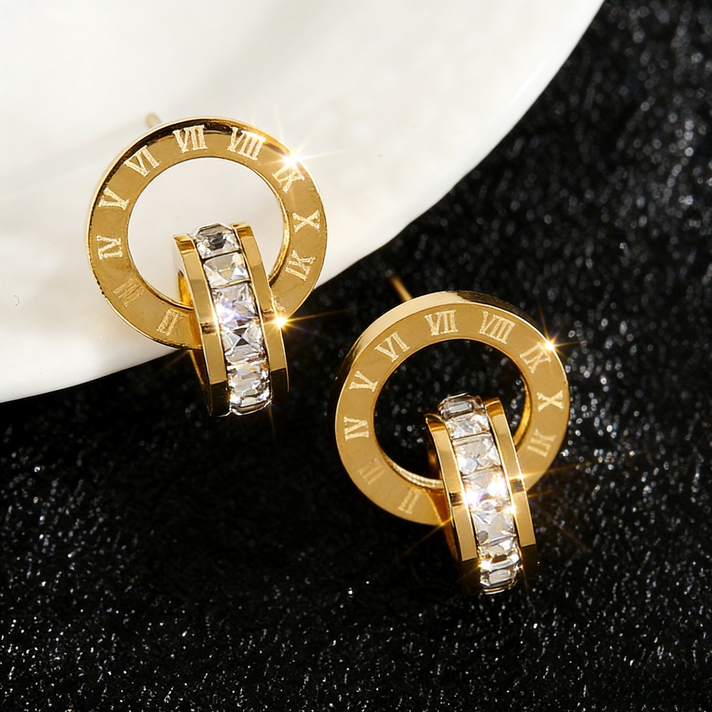Image of 2pcs Retro Literary Roman Double Ring Earrings｜stainless Steel Material Not Easy To Fade Optional Inlaid Synthetic Zirconia Double Ring Commuting Street All- Additions Gift
