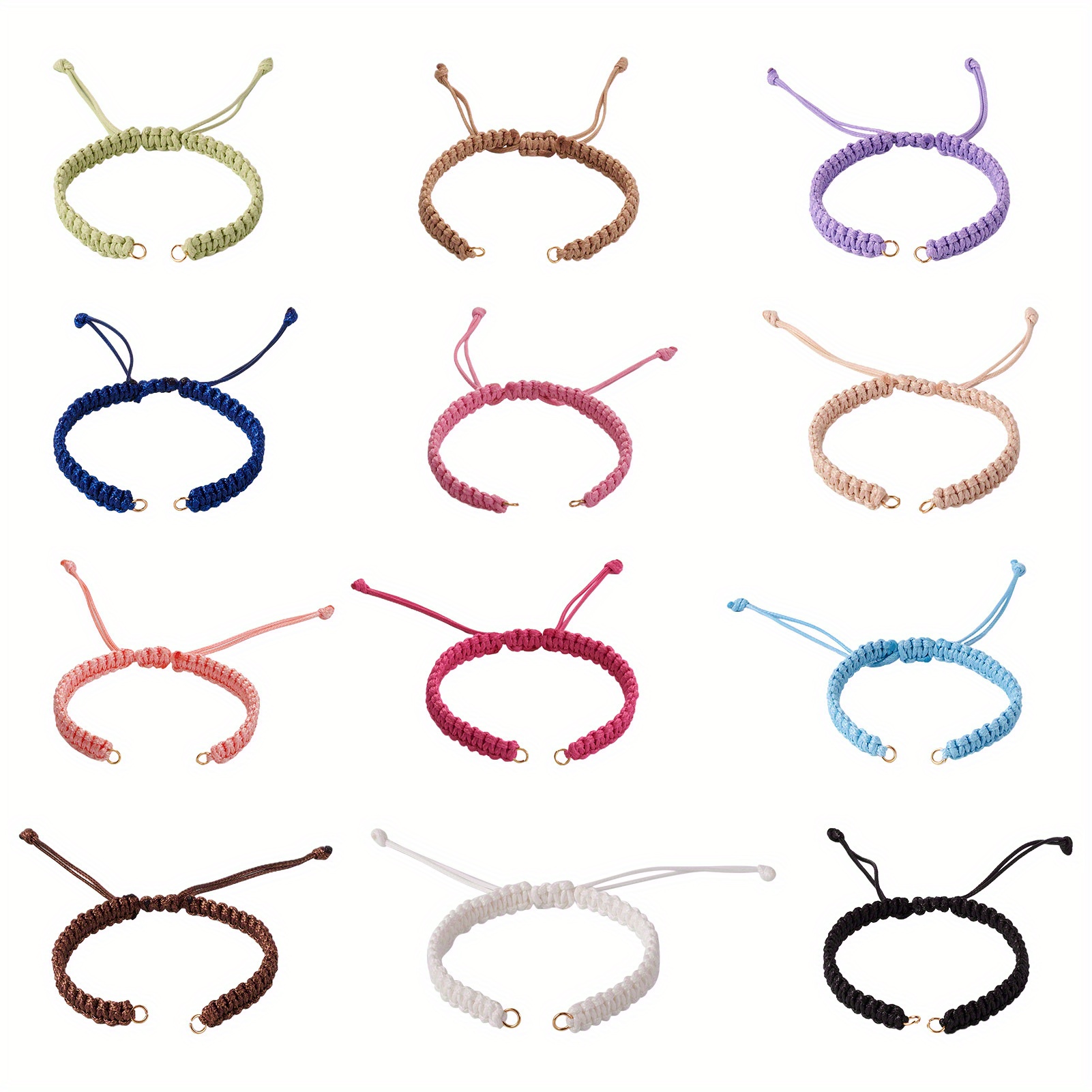 TEMU 12pcs 12 Colors Braided Waxed Polyester Cord Adjustable Link Bracelet Diy Making Chains, With Open Jump Rings, Fit For Connector Charm, 6-1/4