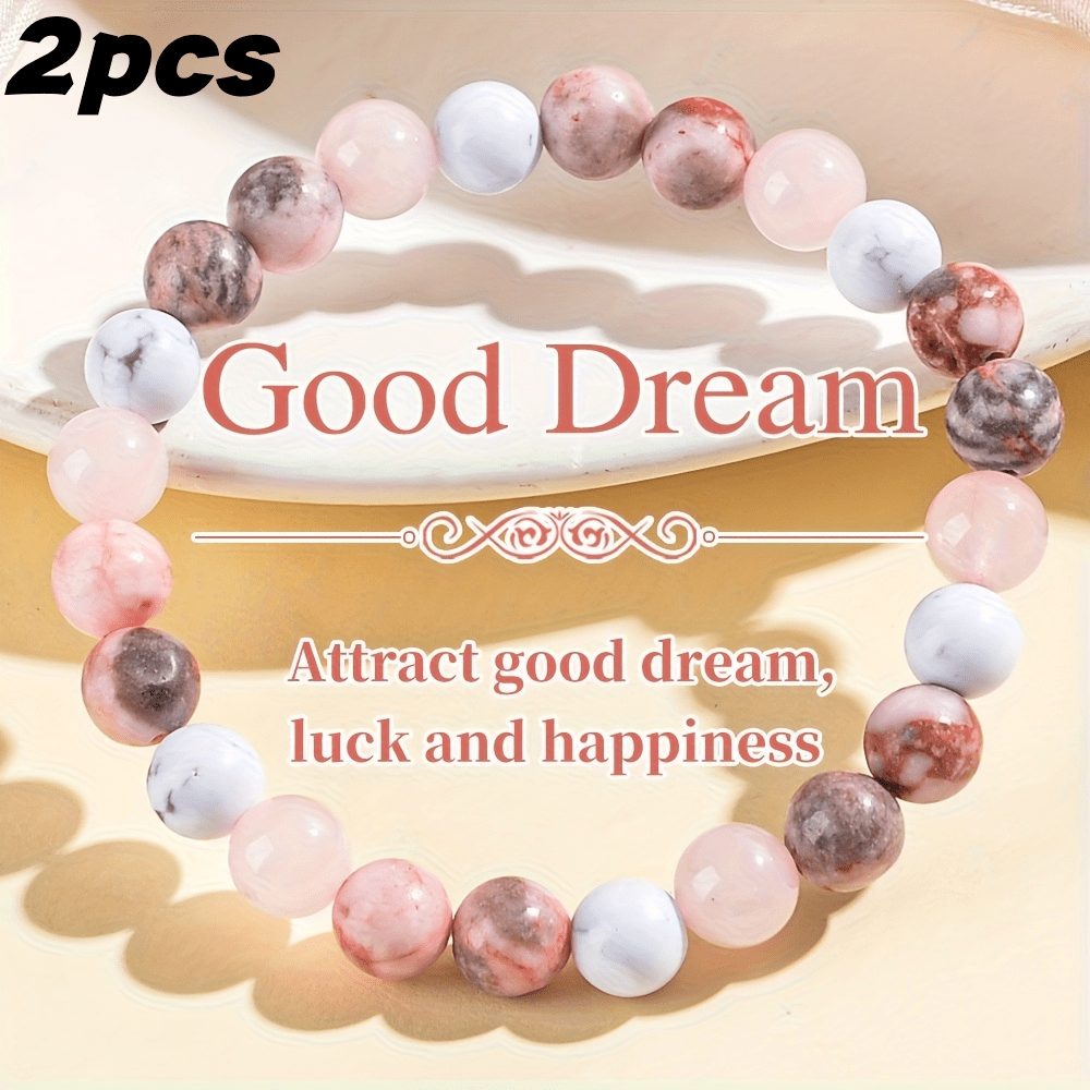 TEMU 2pcs Bohemian Natural Stone Bead Bracelets - Unisex Elegant Jewelry, Suitable For Daily Wear And Gifting, Handcrafted With Pink, White, And Gray