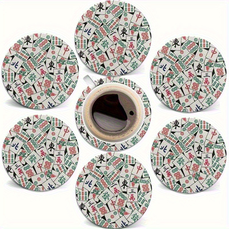 TEMU Sous-verres en bois sur le thème du Mahjong - ronde, design et noir, ornés de chinois et de fleurs, adaptés aux boissons chaudes et froides,