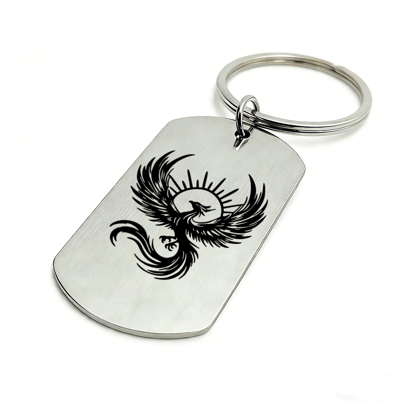 TEMU A Single Piece Metal Phoenix + Sun Totem Hardcore Power Keychain, Military Dog Tag Style Car Accessory, Undergoing Transformation, Career ,