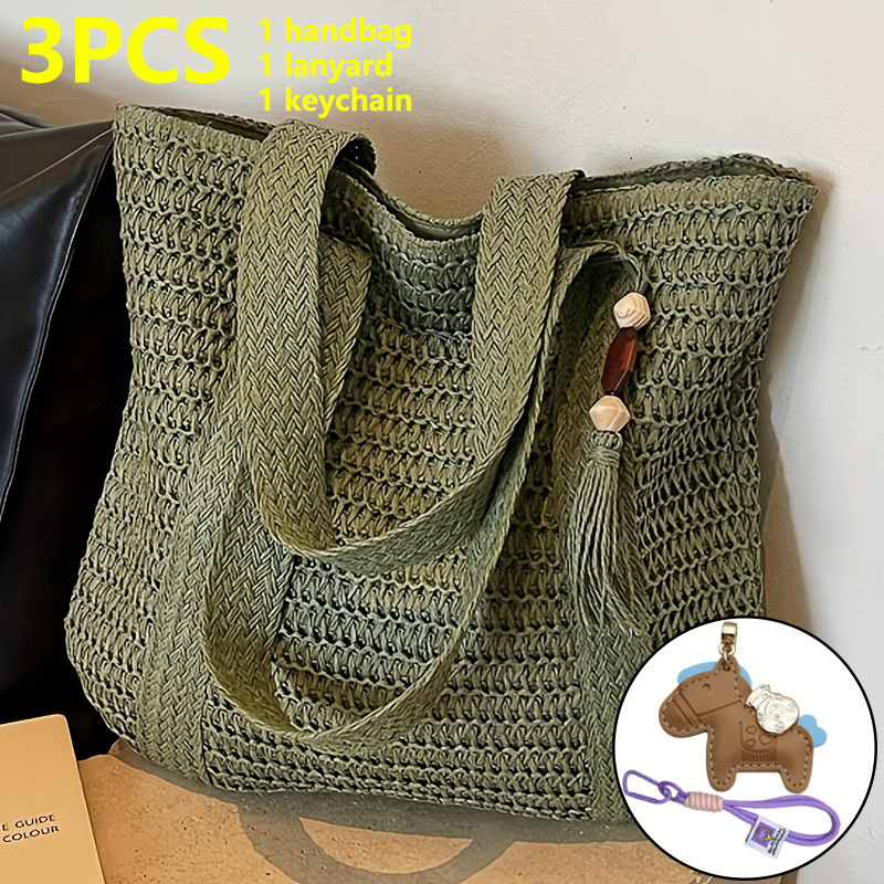 Image of 3pcs Women's Woven Handbag Set, Fashionable Solid Color Shoulder Bag With Tassel Details, Large Capacity Zip Closure Beach Tote With Lanyard & Charms For Beach, Shopping, Work, Travel &