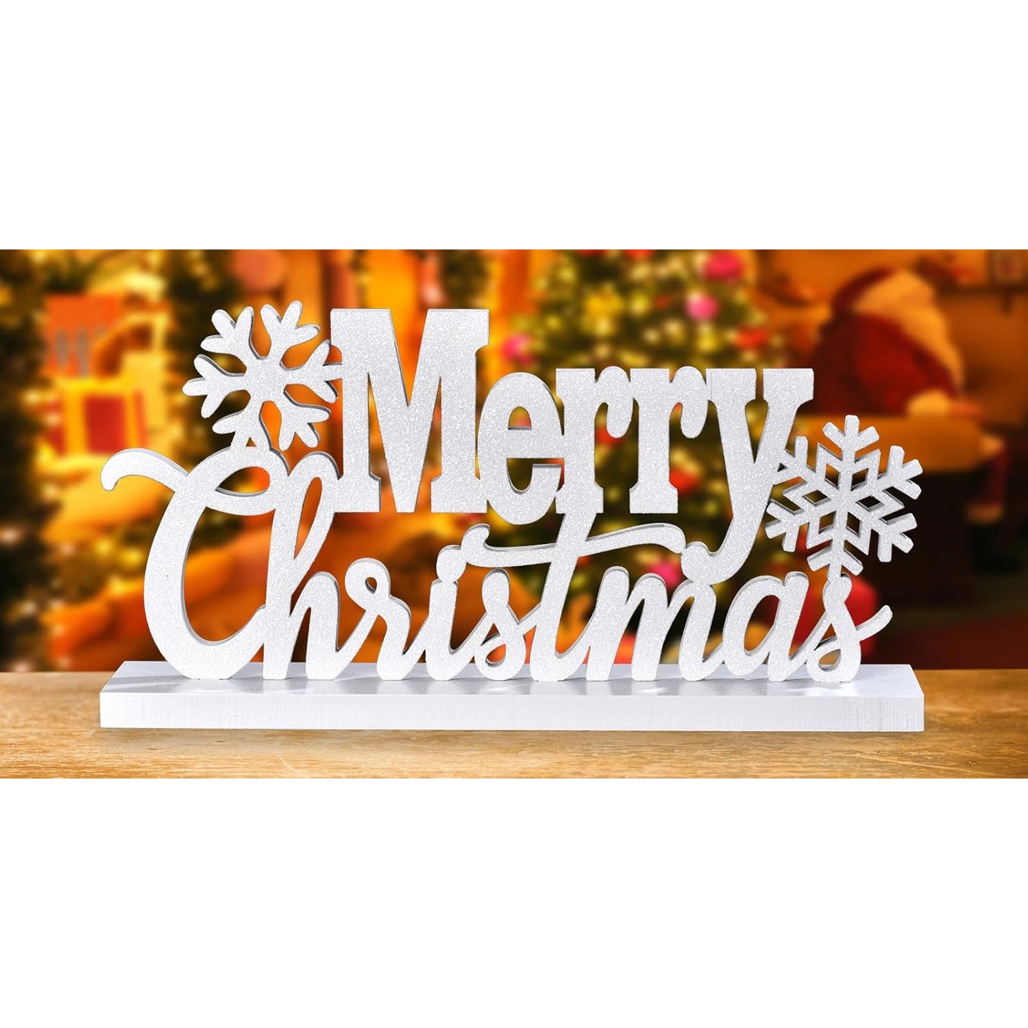 TEMU 1pc Wooden Merry Christmas Table Decor - Elegant Wood Cutout With Glitter, Table Sign, Centerpiece For Xmas Party Decor For Tiered Tray Mantel (white)decorative Sign, Plaque