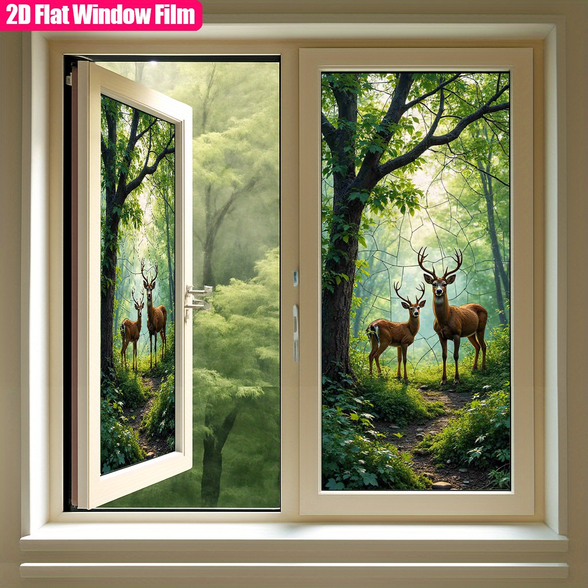 TEMU 1pc Asoonyum Frosted Static Cling Pvc Window Film - Forest Deer Scene Privacy Sticker, Thick Elegant Nature Wildlife Art Design, Non-adhesive