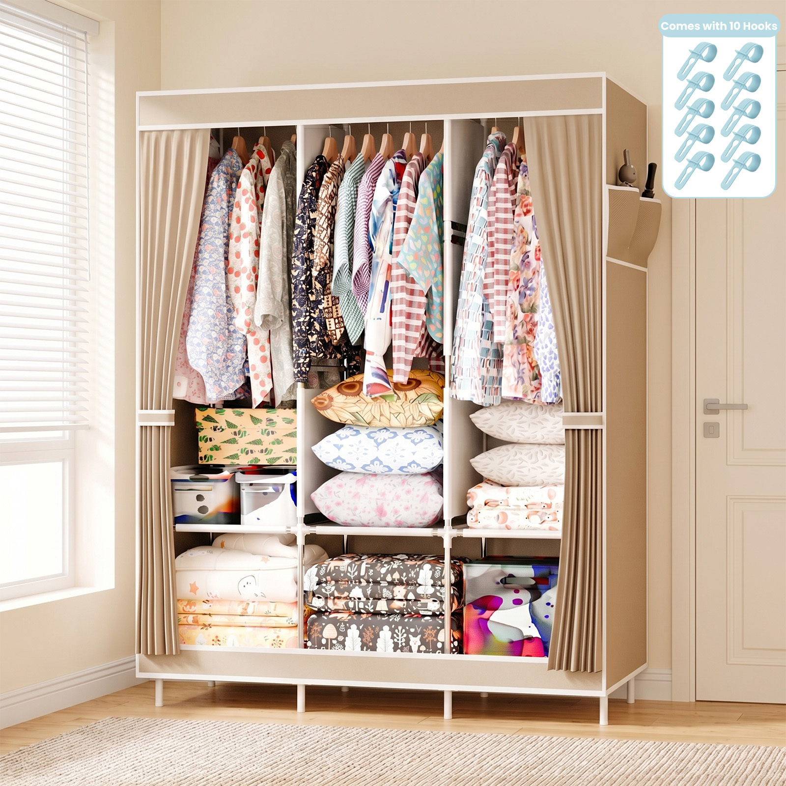 TEMU Portable Foldable Closet Storage Organizer, Multifunctional Dustproof Clothes Wardrobe Garment Rack, Space Saving Storage Cabinet For Bedroom,