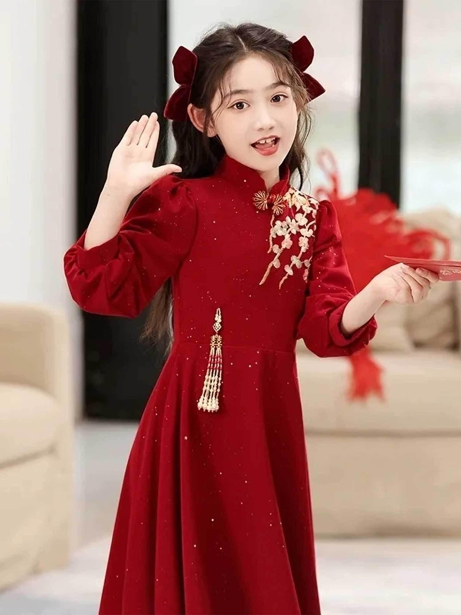 girls elegant red formal princess performance dress - long sleeve party wedding ceremony outfit with   collar,  -length formal gown for christmas, new year s, birthday - machine washable girls evening dress, holiday celebration, floral embroidery, luxurious texture,   formalwear, kids special occasion wear Product details 3