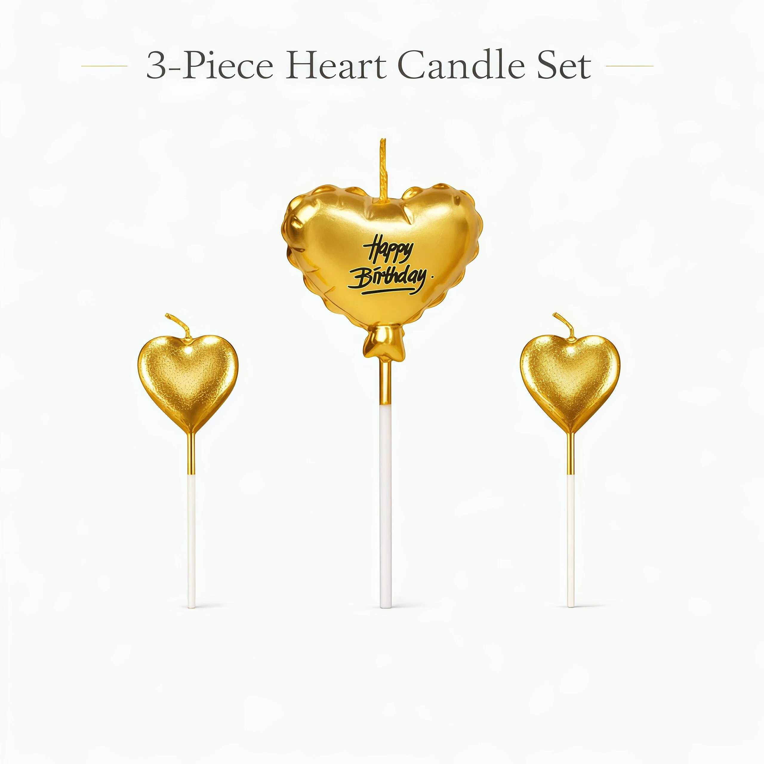 Image of 3pcs Birthday Candle Set, Metallic Heart-shaped Cake Candles For Birthday Cake Decorations, 1 Large Ballon Happy Birthday Candle With 2 Small Heart Candles, Cute Gift-style Party Cake Topper