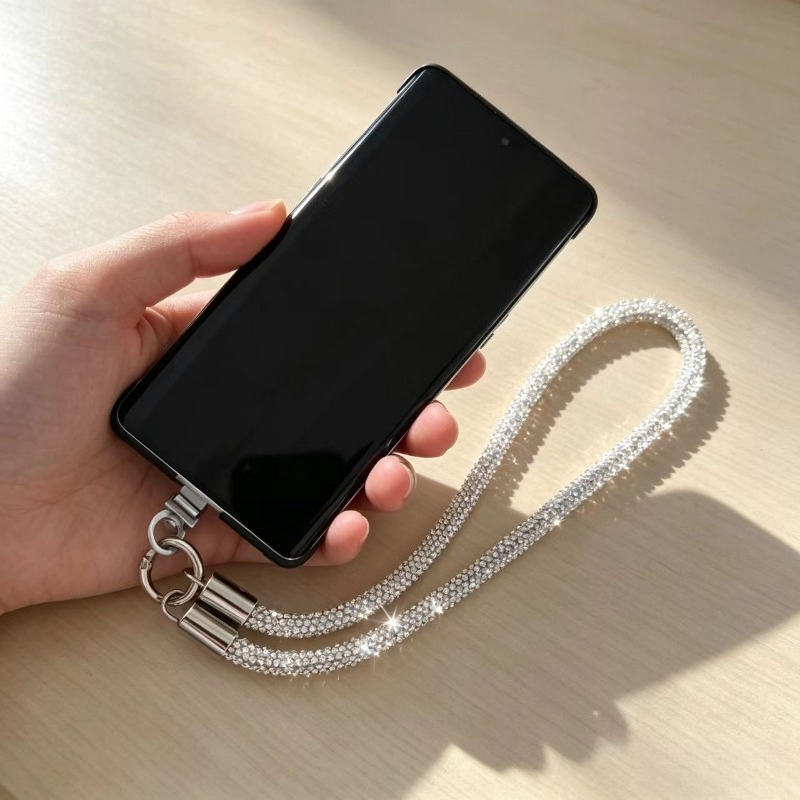 TEMU Sparkly Rhinestone Long Phone Wrist Strap, Bling Diamond Cell Phone Lanyard With Metal Tabs, Detachable Extended Hand Wristlet Chain For