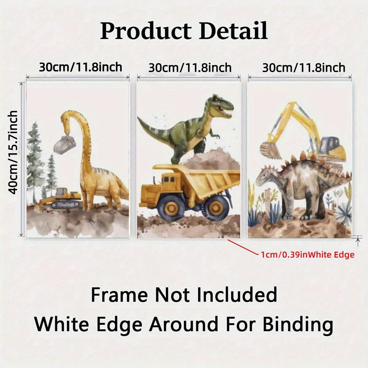 E-shop 3er-Set Künstlerische Dinosaurier & Baufahrzeuge Leinwand-Wandkunst, Keine Rahmen Tierposter, Tintendruck, Geometrisches Muster, Vertikale
