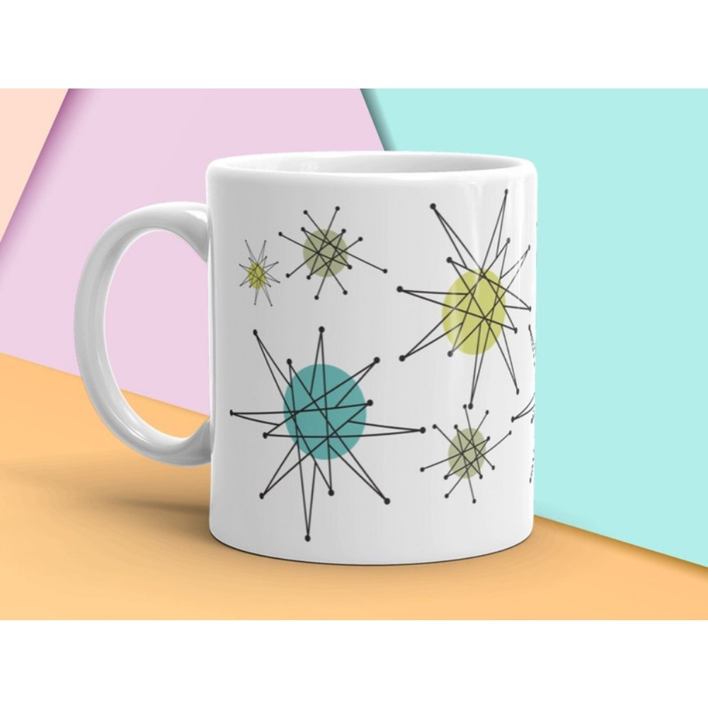 

11oz Vintage Starburst Coffee Mug – Double-sided Design, White Ceramic With Colorful Starburst Patterns, Hand Wash Only – Perfect Gift For Office, Home, Or Daily Use