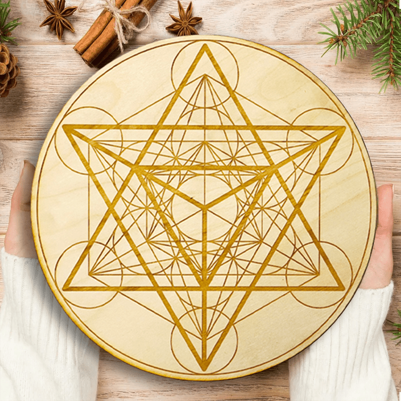 TEMU Plat 2D, 1 pièce de Ronde en Bois à Plate 2D avec Plaque de Grille Cristalline du Cube de Métatron, pour l'Énergie et la Méditation, Non pour