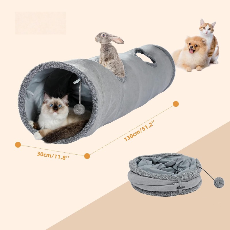 Extra Long 130cm Pet Straight Tunnel, Double Side With Attached Hanging Ball, Reinforced Ensures Stable Shape And Wear Resistance, Large Space Play Tunnel Suitable For Cats, Rabbits And Small