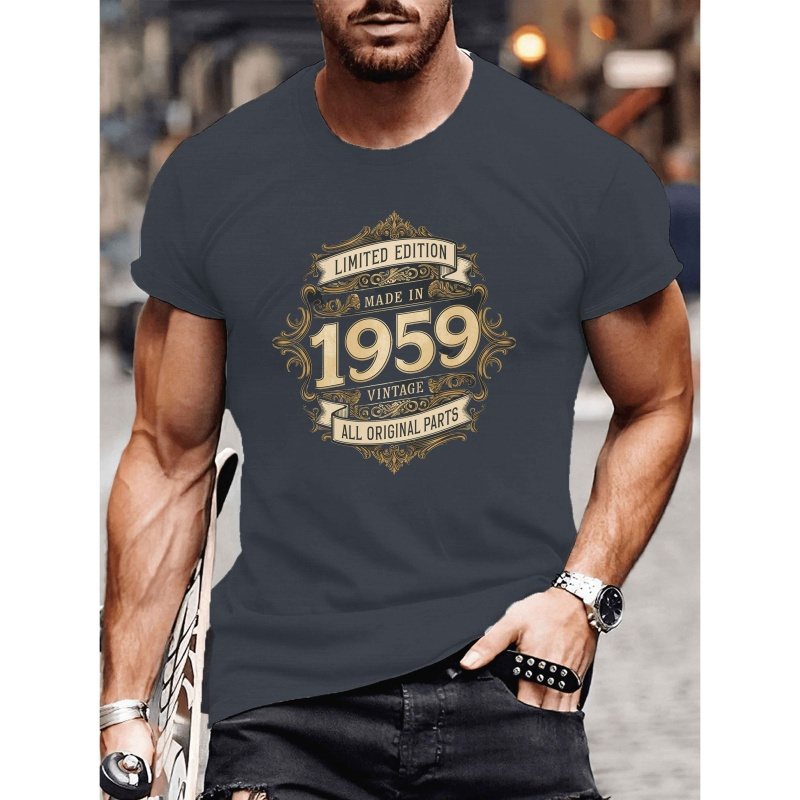 

Vintage 1959 Print Men's Casual Short Sleeve T-shirt, Polyester Geometric-pattern Crew Neck Stretch Summer Tee