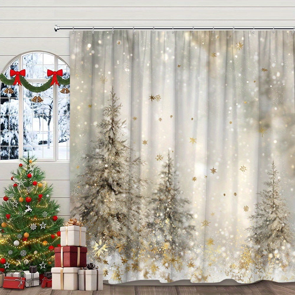 TEMU 1pc Extra Long Christmas Shower Curtain - Scene With Snow-covered Pine Trees & Golden Snowflakes, High Quality Bathroom Decorations, Includes 12