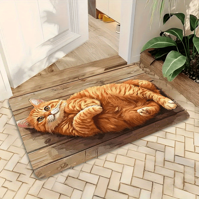 TEMU Un paillasson de avec un grand chat orange est posé sur un planche de bois. Il est fabriqué en matériau peluche épais avec une épaisseur de 0,4
