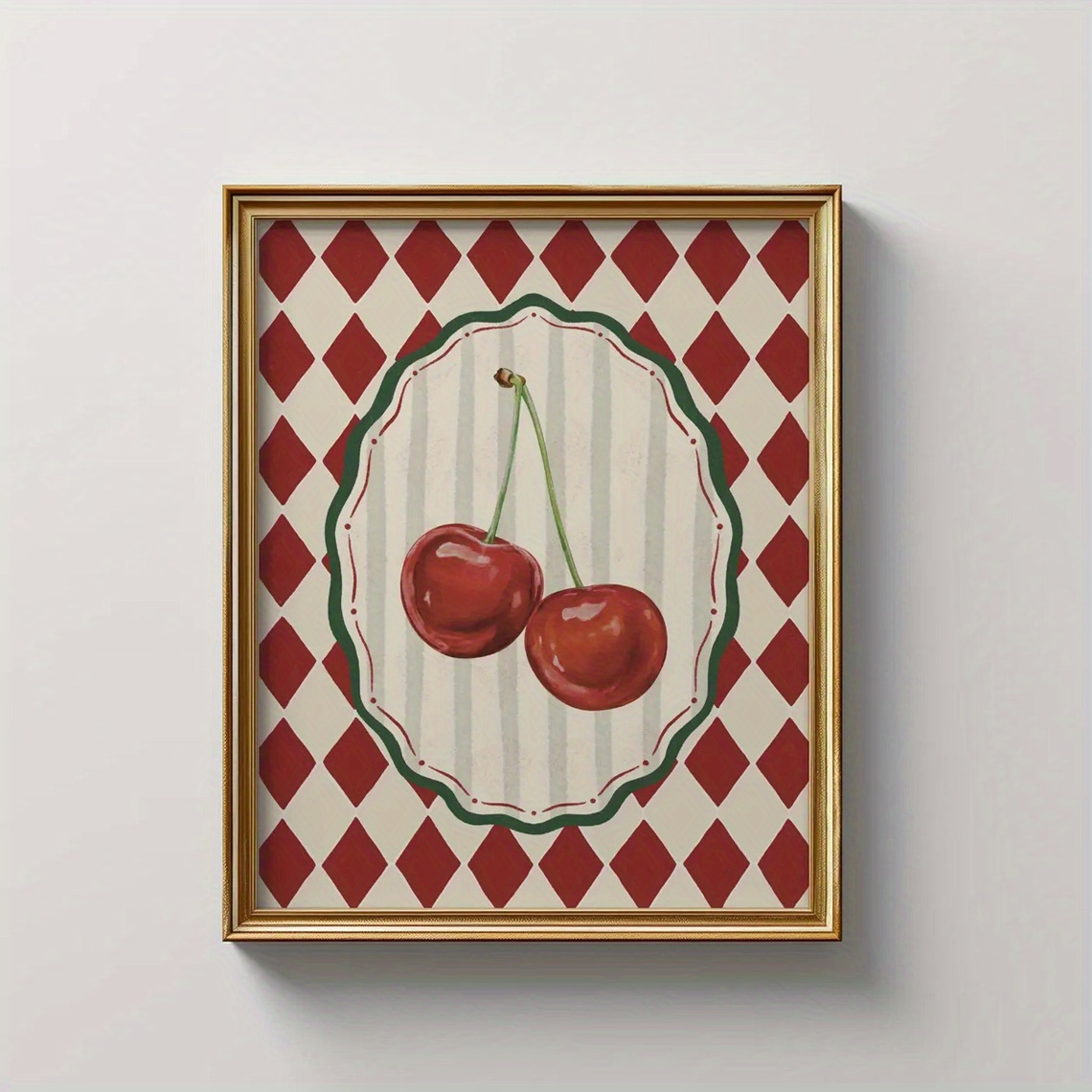 TEMU 1pc, Wall Art, Vintage Poster, Art Print, Red And White Prismatic Checkered Canvas Painting, Dining Room Decoration, Kitchen Aesthetic Design,