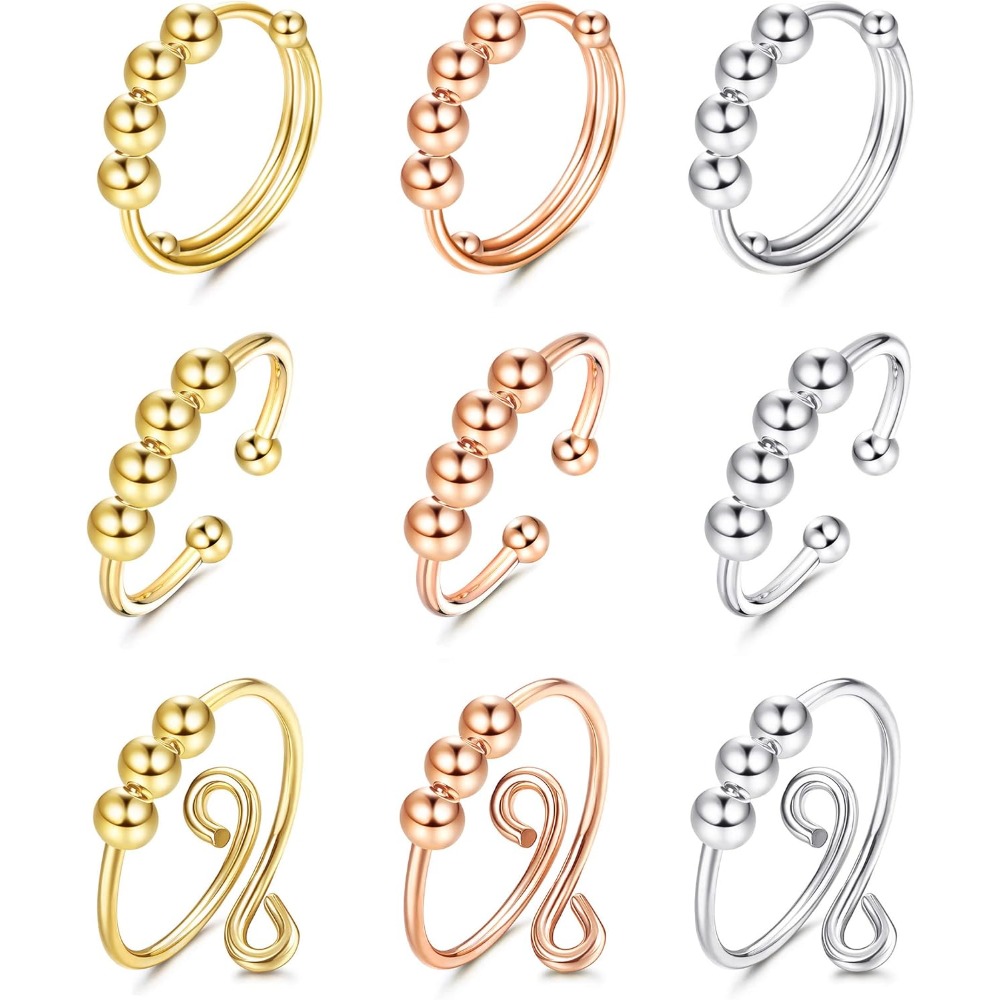 Image of 9pcs Fidget Rings With Beads Spinner Fidget Rings Stress Relief Stackable Adjustable Unisex Jewelry, For Teenager