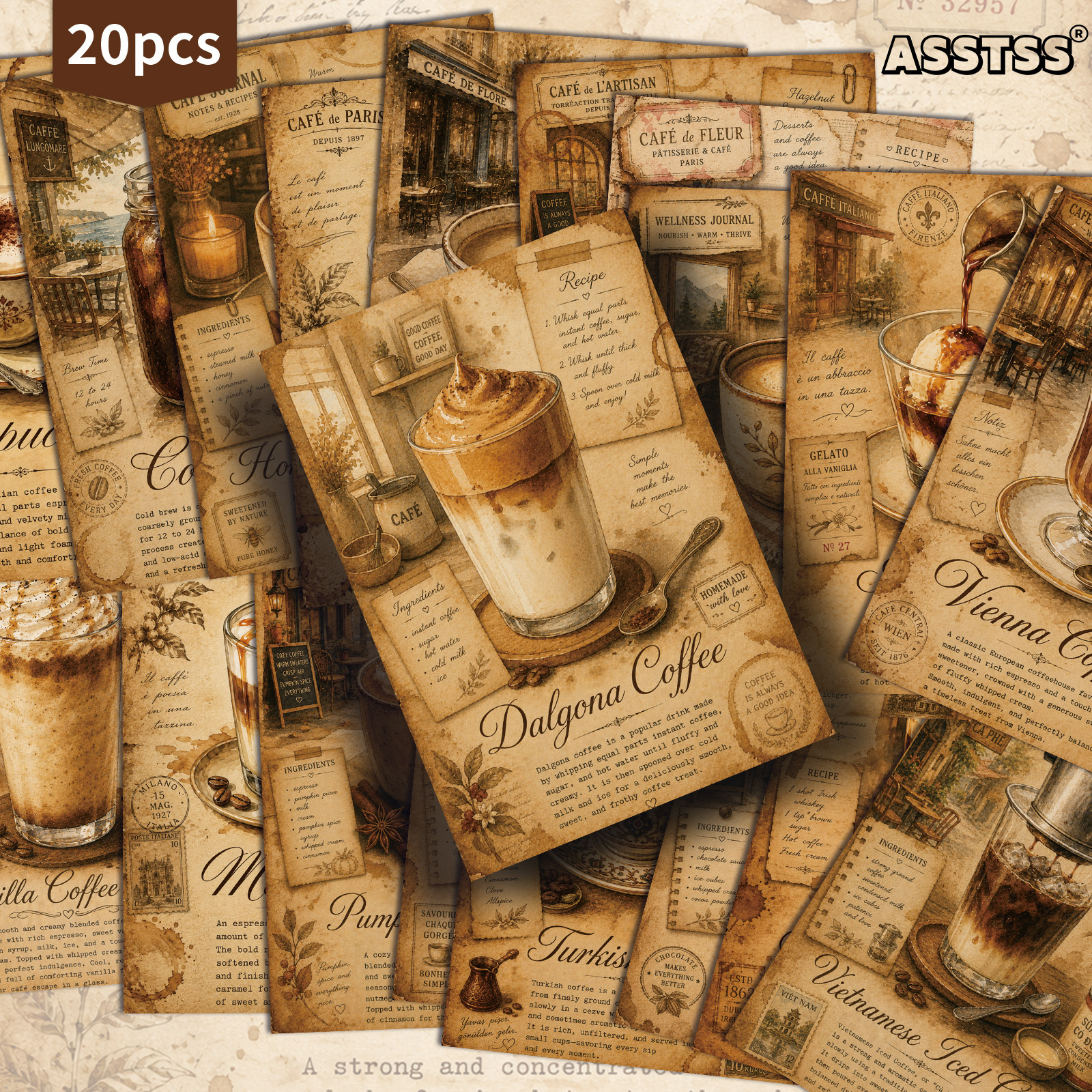 TEMU 20-pack Asstss Vintage Coffee Cards Postcards - 4x6 Inches Retro Junk Journal Supplies, Classic Pinup Illustrations Collectible Decorative