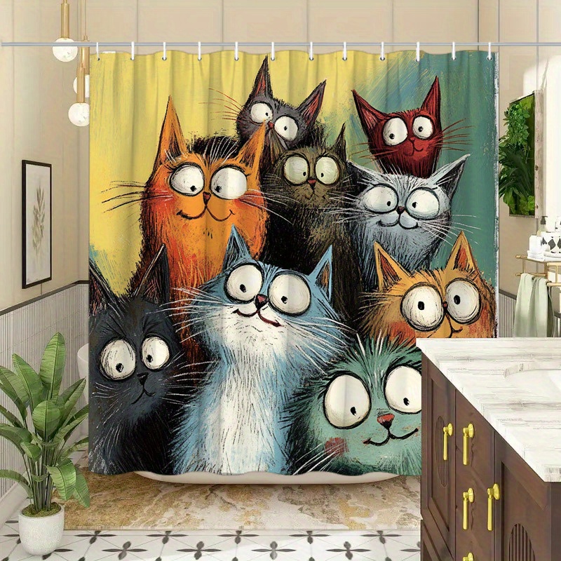 TEMU 1pc Shower Curtain With 12 Hooks - Tabby// On Gradient -, Machine Washable Bath Curtain Suitable For, Bathroom Decor (70.8x70.8 Inches)