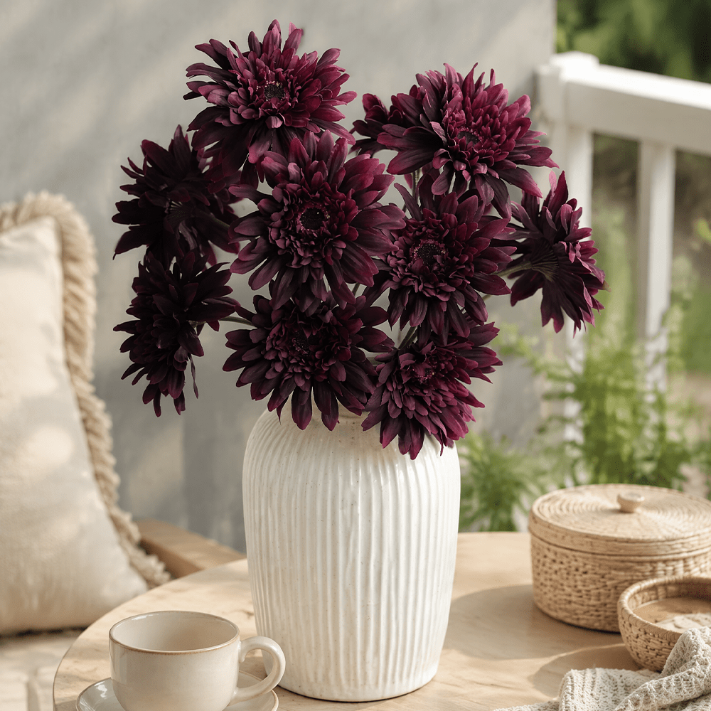 TEMU 7 pezzi Bouquet di crisantemi finti rossi autunnali con volant, decorazioni per la casa per matrimoni, oggetti di per riprese, fiori finti color