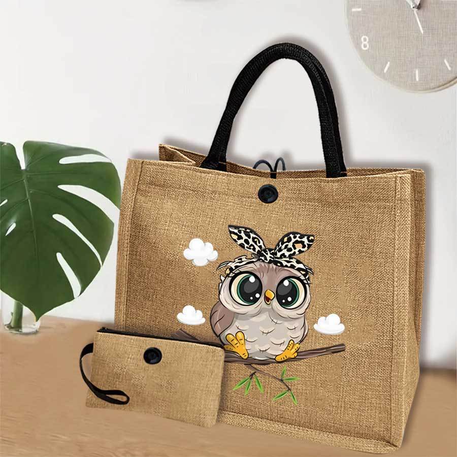 

2pcs Chic Owl Pattern Tote Bag Set In Light Brown - Burlap With Cute Coin Purse, Snap Closure - Shopping, Travel & Beach