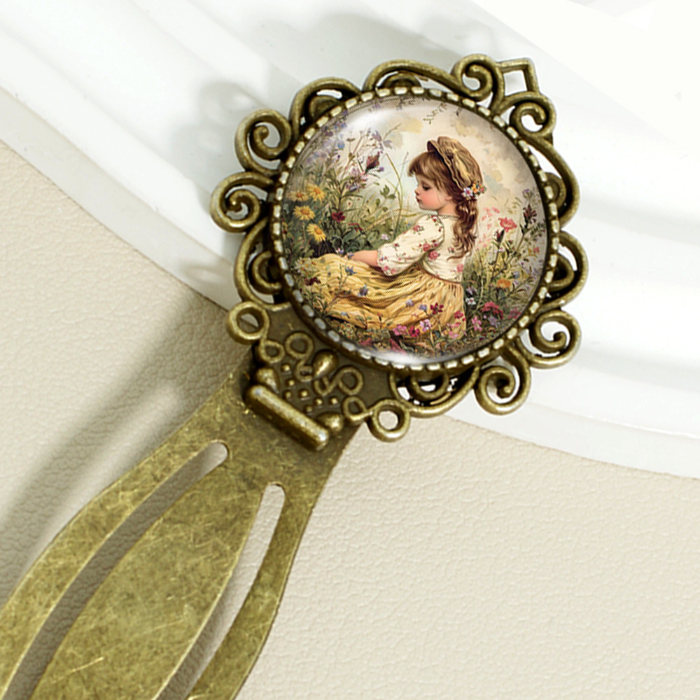 E-shop rundes Glas-Lesezeichen mit eingelegter pastoraler Dame im , Time Gem Glasmuster, spitzenförmig – Seitenmarkierer, Geschenk zum Valentinstag