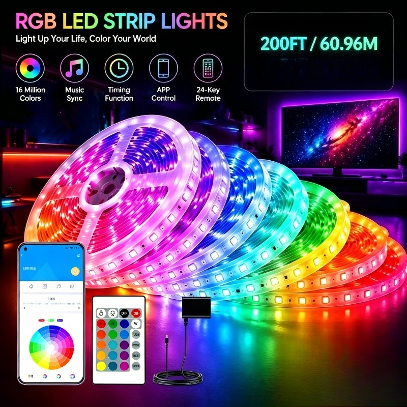 rgb led strip lights 50 200ft app bluetooth control with 24 key remote music sync color changing led lights for bedroom gaming room party room decor