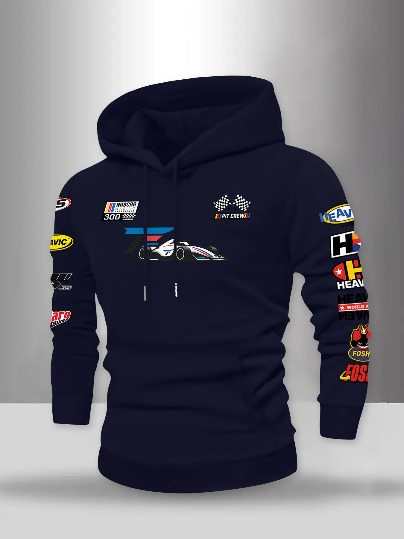 Nieuw, veelkleurig sweatshirt met race-thema en trendy patroon voor heren