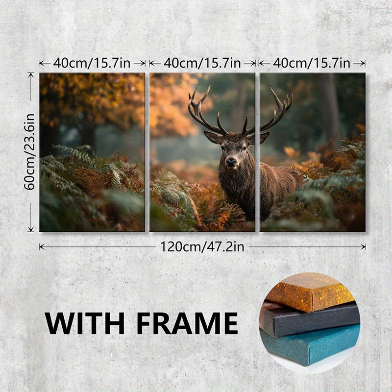 TEMU 3pcs/set Wooden Framed Canvas Poster, Autumn Forest Deer Art, Wildlife Poster, Home Decor, Wall Art, Living Room, Bedroom, Office, Rustic Style,