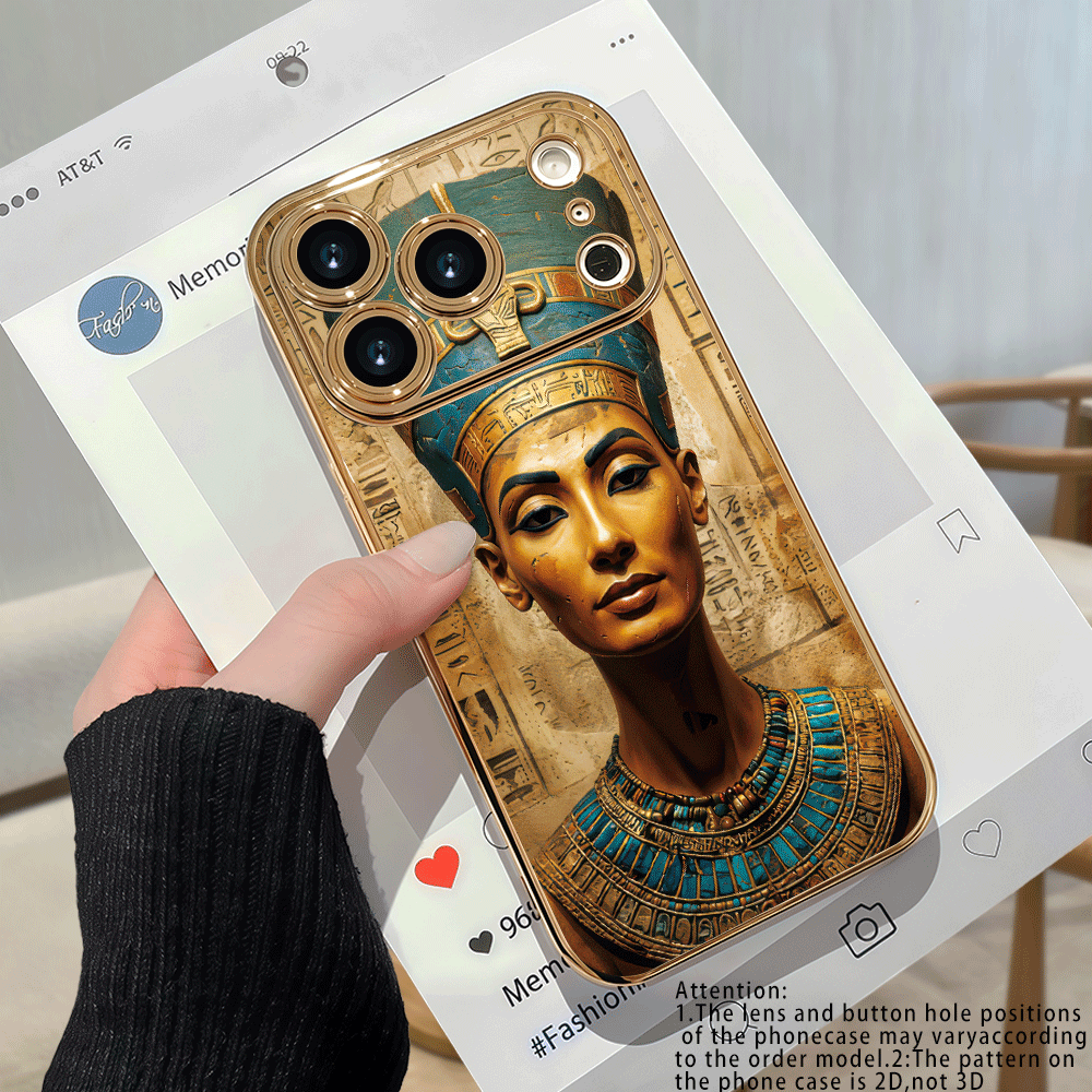 TEMU Phone Case: Vintage Egyptian Queen Nefertiti Design With Golden And Turquoise Accents, Intricate Hieroglyphics, And Modern Cutouts, Perfect For