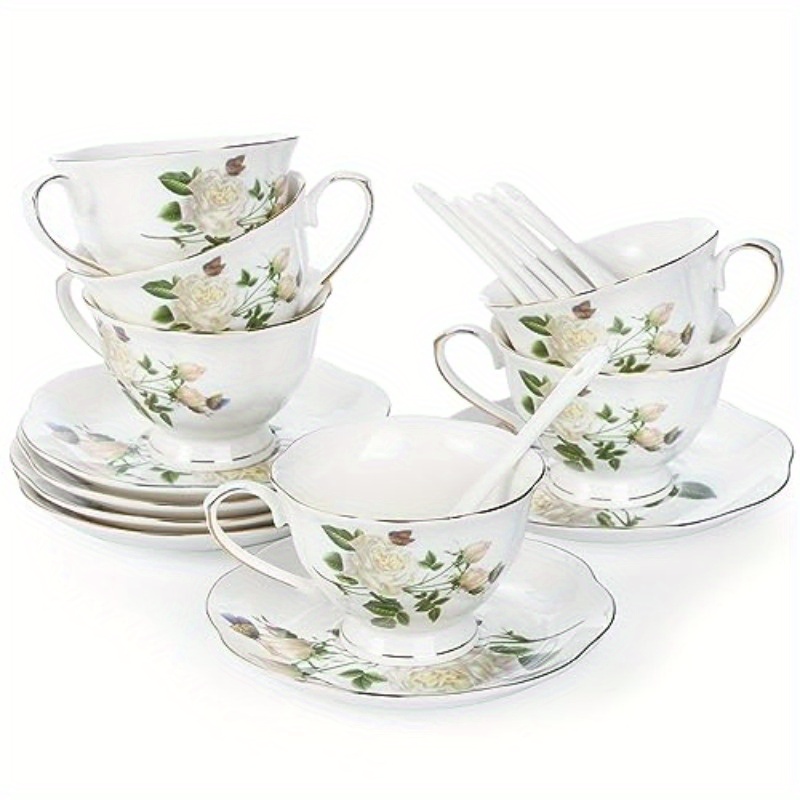 6oz porcelain ivory floral tea cup and saucer set with   - elegant latte cups and espresso mug for coffee drinks,   home or restaurant use,   tea set|floral pattern cups|durable porcelain Product details 0