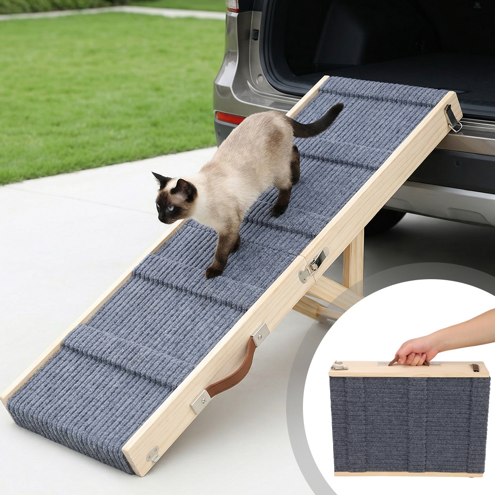 Image of Dog Stairs And Stairs Adjustable Dog Ramp Foldable Wooden Pet Ramp Suitable For Beds And Sofas Height Adjustable Portable Dog Bed And Furniture With Anti-slip Carpet Weighing 35 Lbs