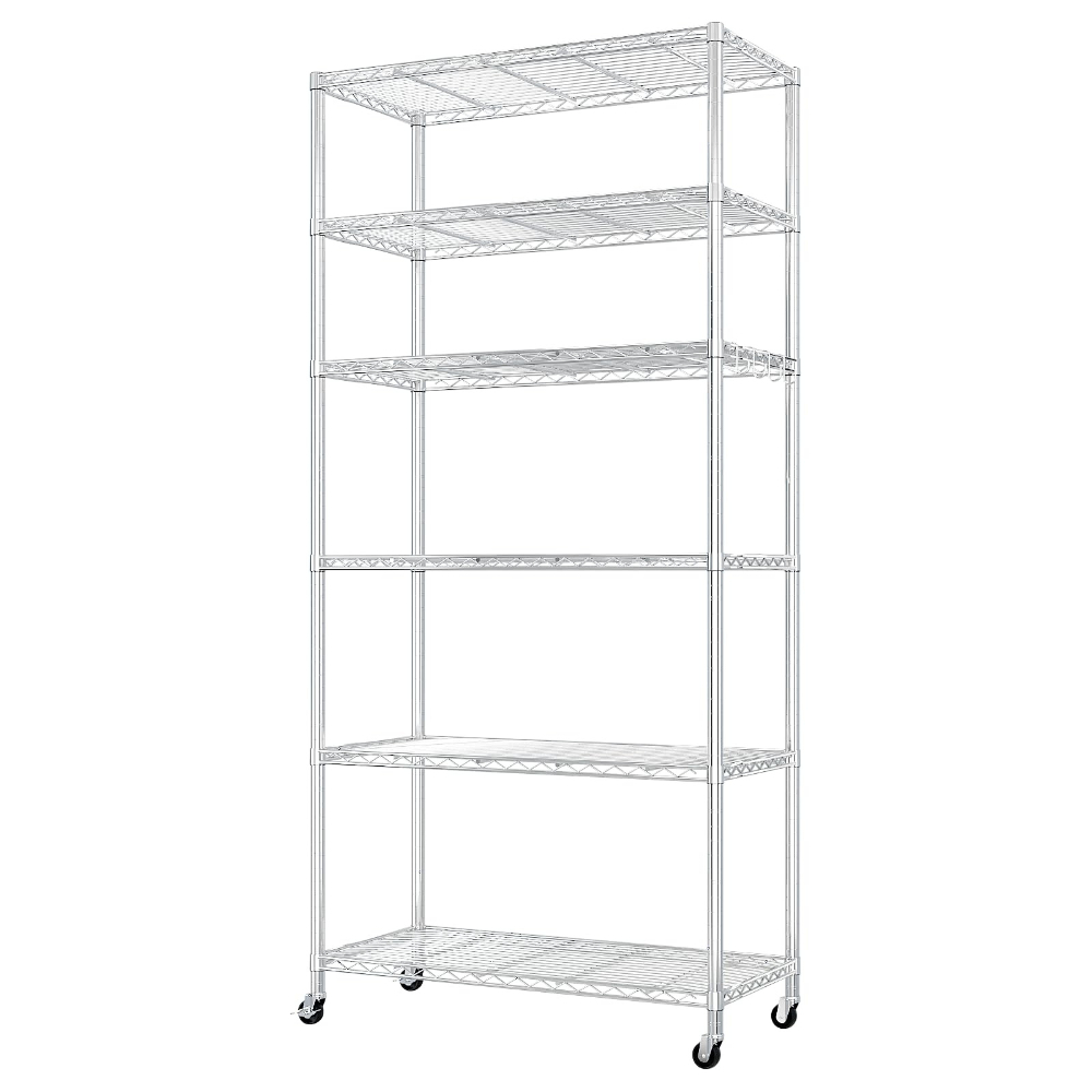 Bonnlo Shelf With Wheels, 6 Wire Shelves, Height-adjustable Shelves, And 10 Hooks, Metal Shelf, Storage Unit, Kitchen Shelf, Basement Shelf, 60 × 35 × 182cm, Silvery, Standing Shelf