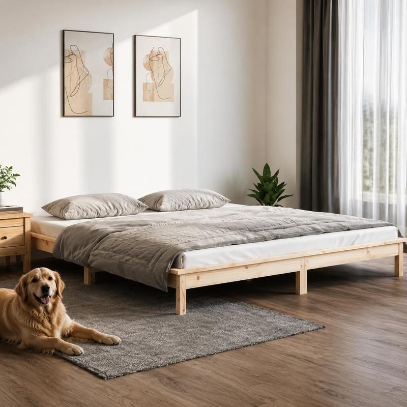 Image of Solid Wood Bed Frame 160x200cm, Modern Minimalist Bedroom Furniture For Apartment And , Nordic Style Double Bed Base For Home And Studio Space