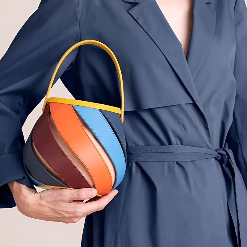 Women's Geometric Rainbow Color-Block Bucket Bag - Genuine Leather Adjustable Crossbody Shoulder Bag with Oil-Trim Finish, Cylindrical Tote for Daily Commute & Vacation, Small Handbag with Drawstring Closure, Casual Outing, Modern Aesthetic, Durable Construction, Working Professionals