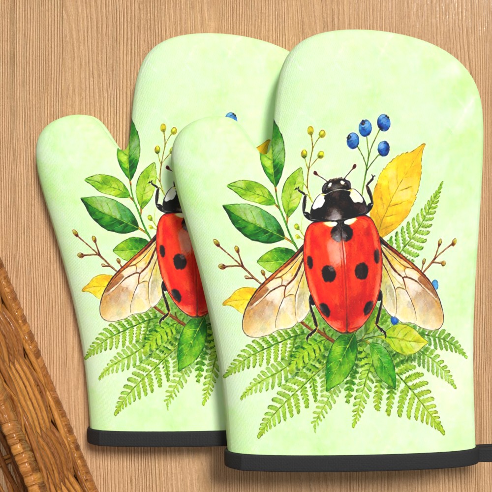 2pcs Ladybug Print Oven Mitts - Heat-resistant Non-slip Kitchen Mittens With Ladybug, Machine Washable Suitable For Cooking, Baking, Grilling, Picnic, Camping, Oven & Microwave Use For &