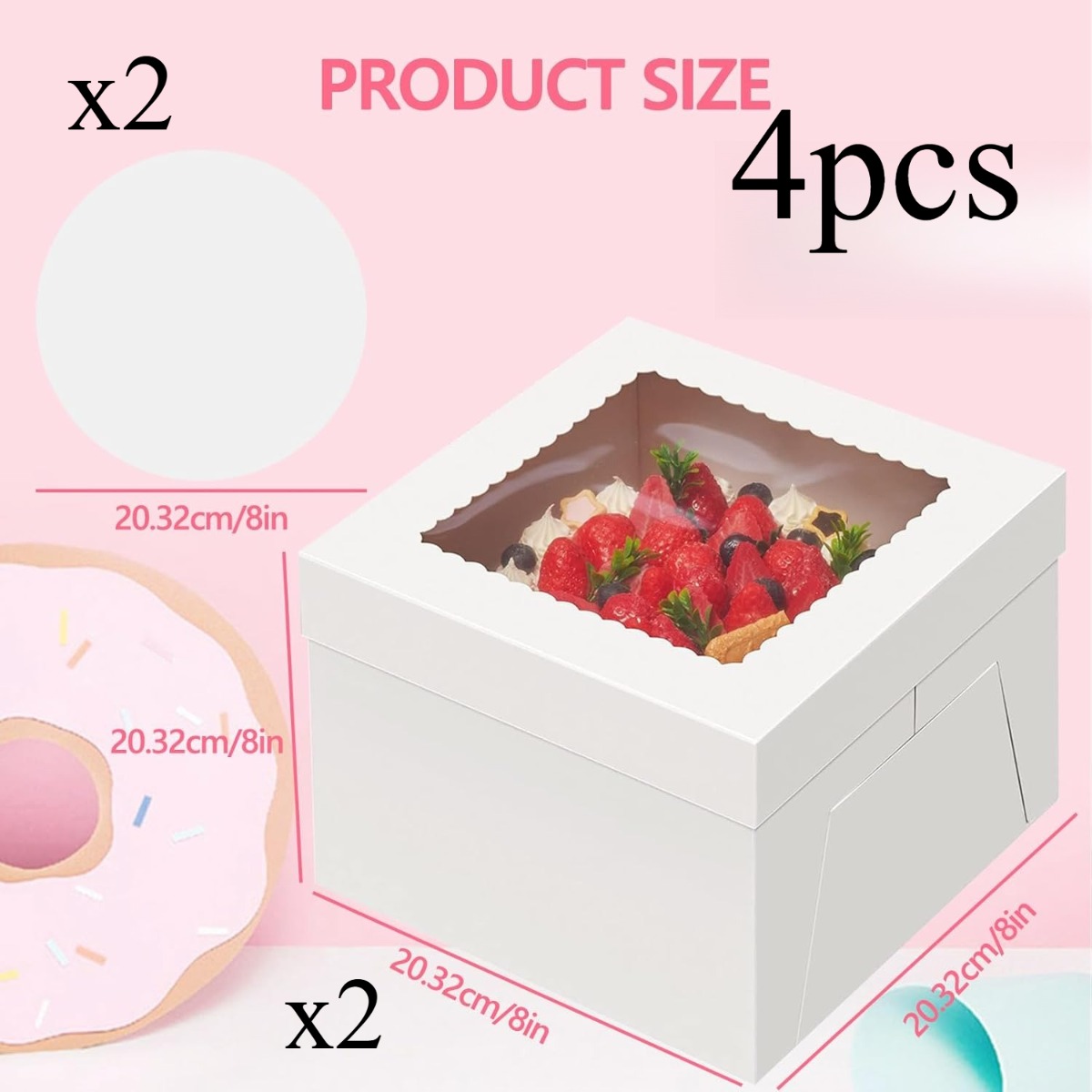 E-shop 4er-Set (2 Boxen und 2 Platten) 8-Zoll Weiße Kuchenboxen mit Fenster, Quadratische Backboxen aus Karton mit Platten, Hohe Quadratische Kuchenbox