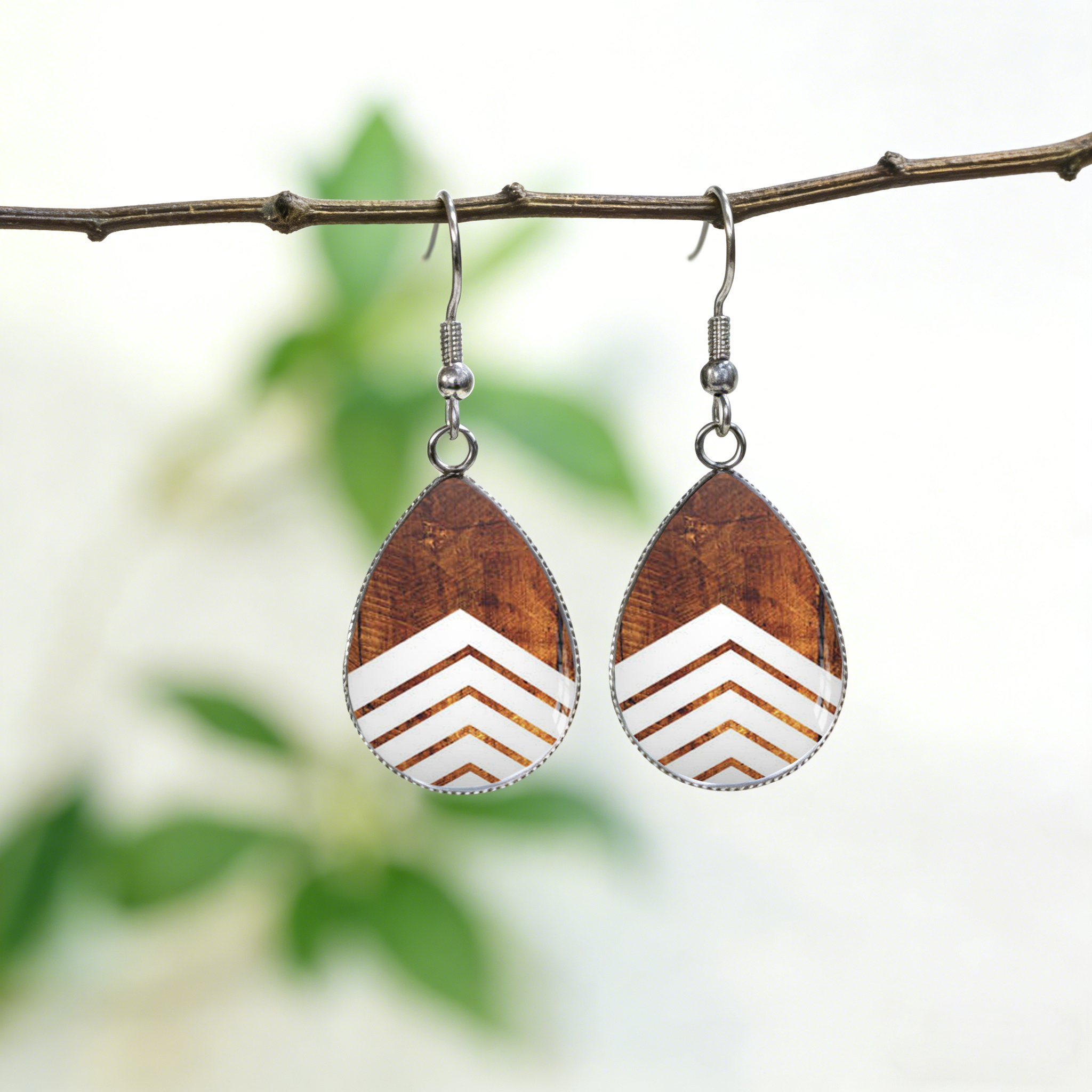 TEMU Boho Wood Chevron Teardrop Earrings, Stainless Cabochon Jewelry, Gift For Her, Unisex Anniversary Gift For Women, Trendy Geometric Dangle
