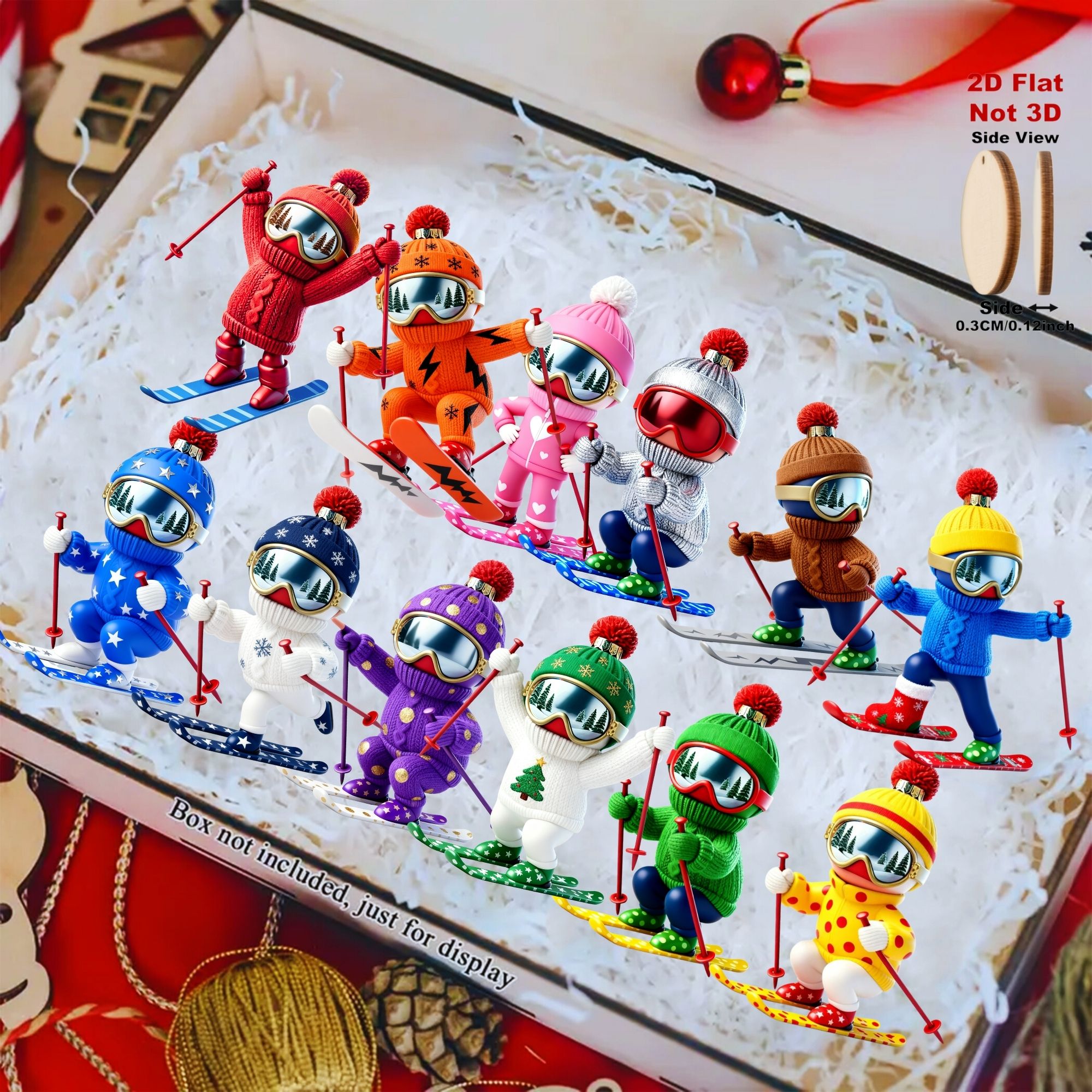 TEMU 2d Flat, 12pcs Christmas Skiing Enthusiasts Ornaments - Wall Hanging Decor For Christmas, Halloween, - Versatile For Home, Office, Classroom,