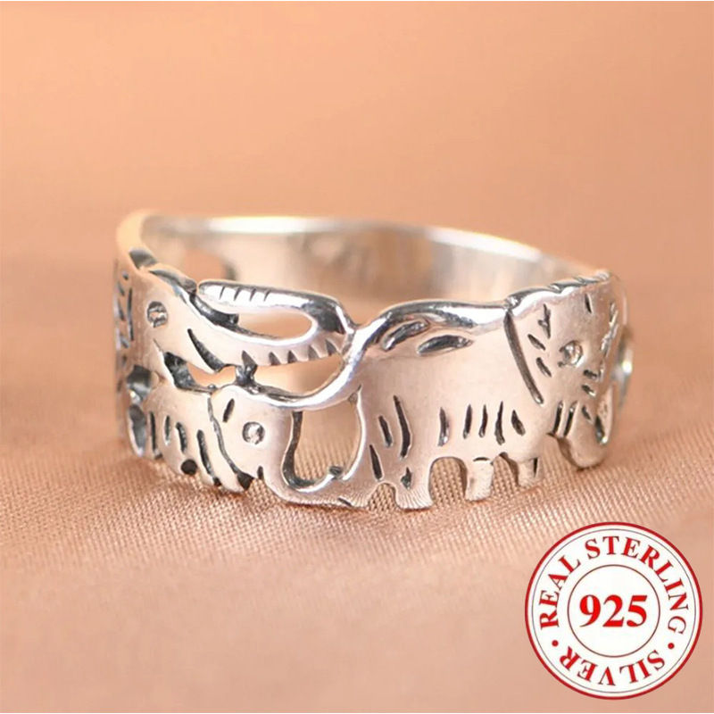 TEMU 925 Pure Silvery Elegant Vintage Distressed Elephant Women's Ring - A Great Gift For Special Occasions