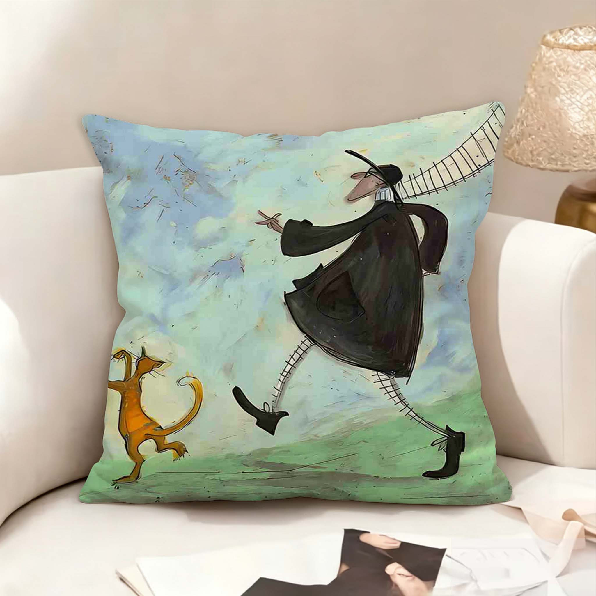 TEMU 2d Flat - 1pc Fun Retro Illustration Printed Pillowcase, 2d Flat Printing, Walking People And Dancing Cats Scene, Literary , -green Background,