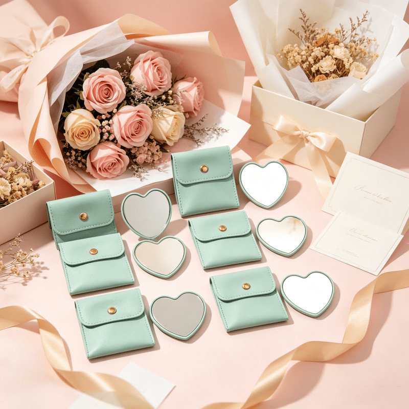 7pcs Green Heart-Shaped Portable Makeup Mirrors with Makeup Bags