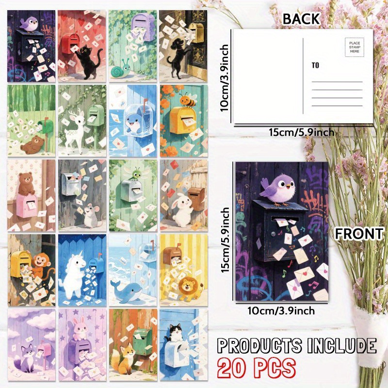 Image of 20pcs Watercolor Animal Mailbox Postcard, Unique Everyday Gift For Family & , Congratulate, Birthday Thank You, Positive Affirmation, Unusual Items